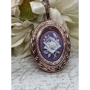 Dainty Rose Gold Locket Cameo Purple Whit Wedding Jewelry Gift Birthday Necklace